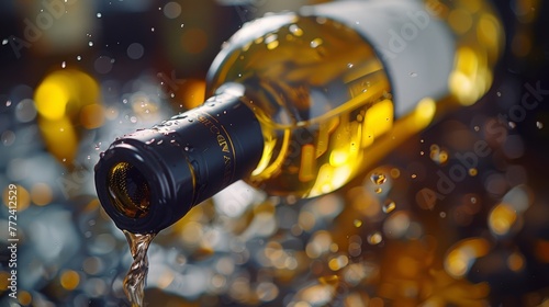  A tightly cropped photo showing a wine bottle emptying into a flowing water stream against a dark gold backdrop
