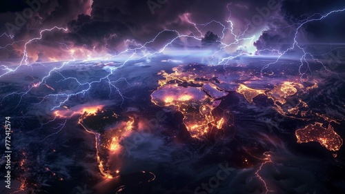 A comparison of lightning occurrences around the world, mapping out hotspots and rare events hyper realistic