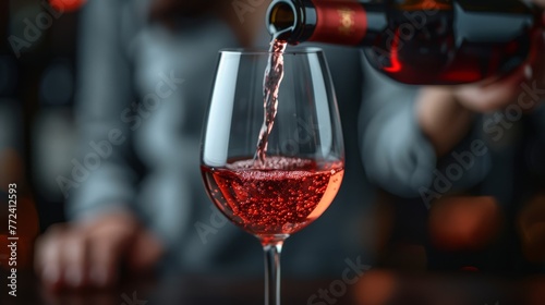  A person pours red wine into a wine glass