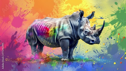  A rhino painted with various colors against a multicolored background © Nadia