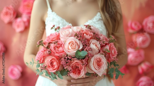  A close-up of a person holding a bouquet of flowers in front of a background of pink and white roses is optimized for maximum impact and emotional resonance The vibrant colors © Nadia