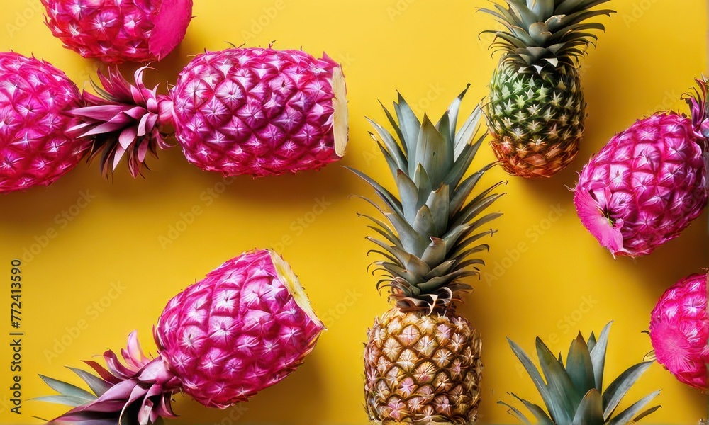 Pink painted pineapples on a vivid yellow background
Pink painted pineapples on a vivid yellow background