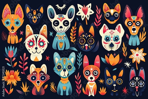 Seamless pattern with calavera sugar skull black cats , dogs in mexican style for holiday the Day of the Dead, Dia de Muertos