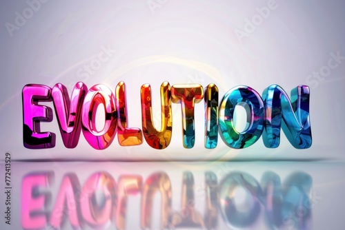 3D text "EVOLUTION" with a rainbow gradient effect on a reflective surface