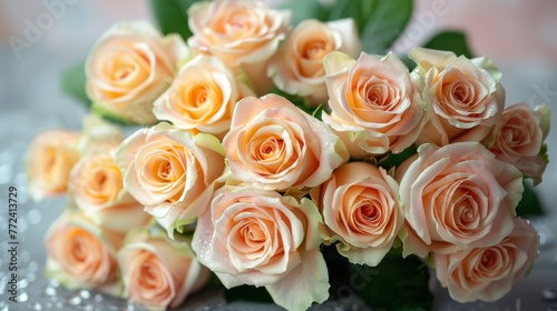  A bouquet of Peach-colored roses sits atop a Silver countertop  beside a green leafy plant