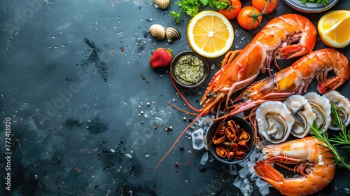 Various seafood displayed on table for delicious recipes, copy space