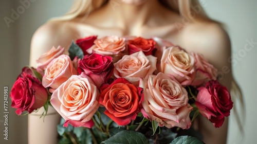  A woman holds a rose bouquet with one hand, while cradling a close-up of roses in the other