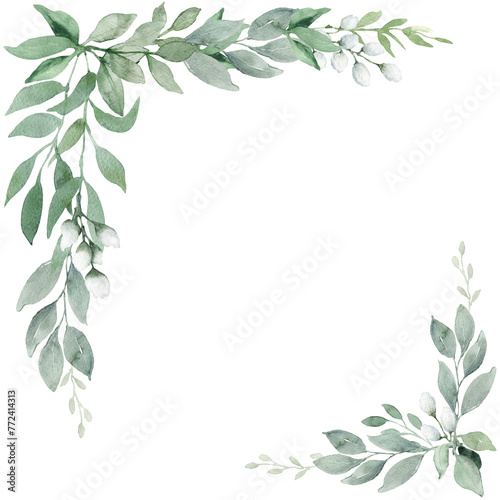 Fototapeta Naklejka Na Ścianę i Meble -  Frame with spring greenery, watercolor illustration with leaves on transparent background