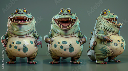 Trio of Bulbous Cartoon Frogs Smiling