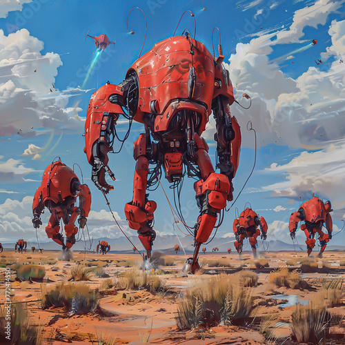 Futuristic Robots Marching in Desert Landscape