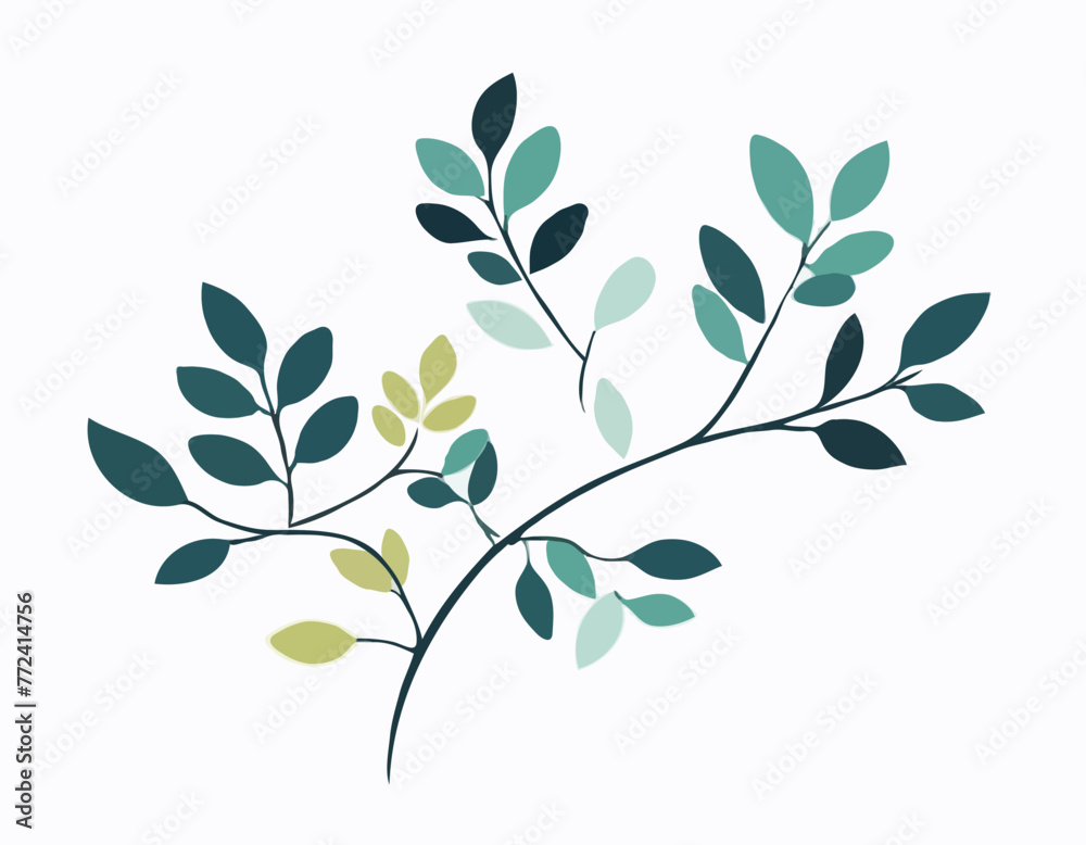 Branch with leaves Isolated on a white background. Flat style with line. Minimal flora design. Vector illustration Branch with leaves Isolated on a white background. Flat style with line. Minimal flora design. Vector illustration