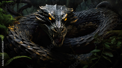 black giant dragon snake, horned , Generate AI photo