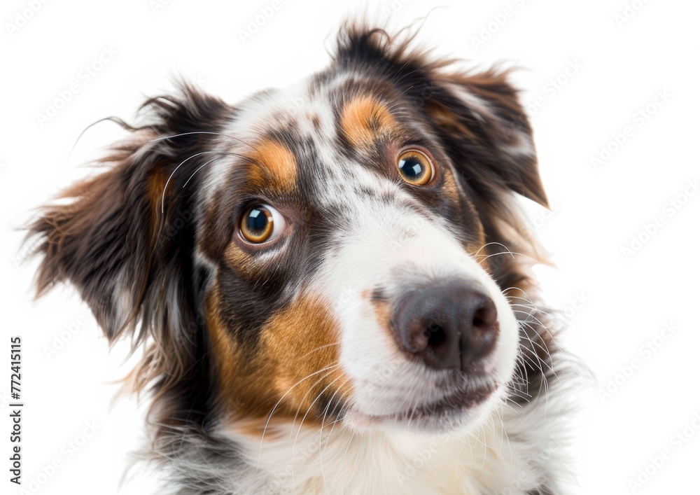 Expressive Australian Shepherd with Funny Gaze, White Background Expressive Australian Shepherd with Funny Gaze, White Background