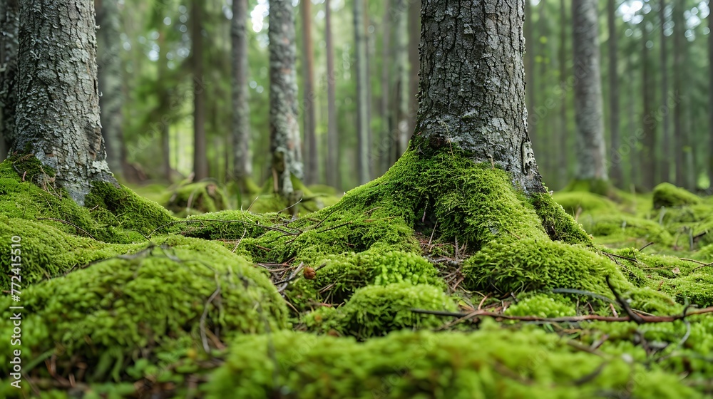 Naklejka premium Green moss on the ground and trunks of trees in the forest