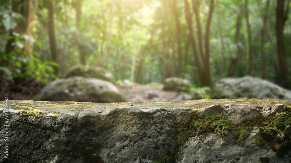 Stone table top with copy space. Forest background Stone table top with copy space. Forest background