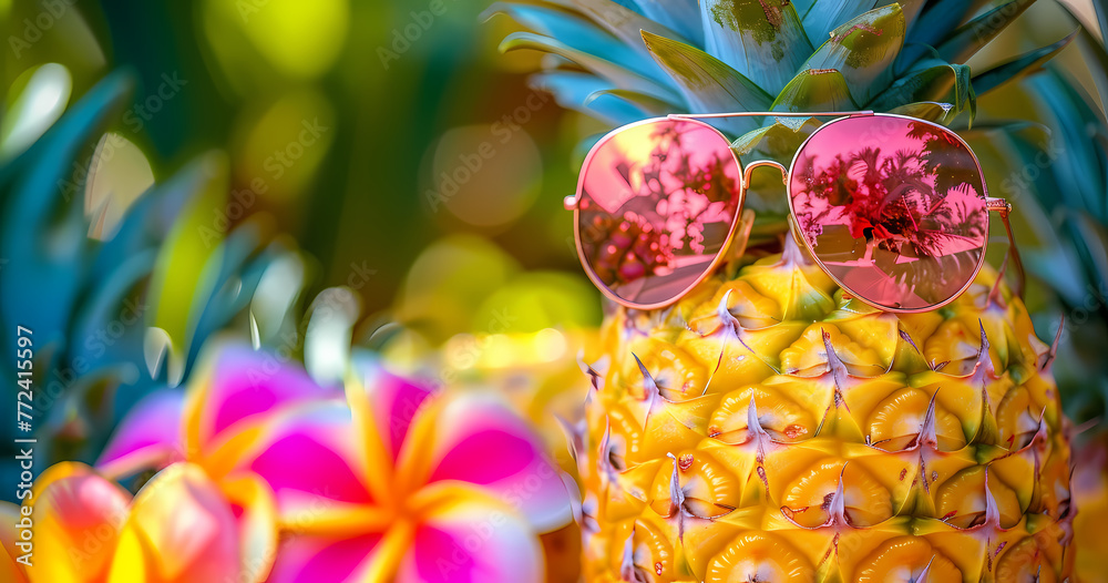 Trendy pineapple with reflective sunglasses, surrounded by vibrant flowers, on colorful backdrop, . Summer and holiday concept,
