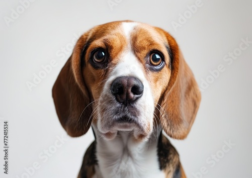 Closeup of Affectionate Beagle, Calm Grey Backdrop