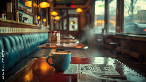 Morning Ritual at the Local Diner, steaming coffee mug, and open newspaper on the table in a classic diner.
