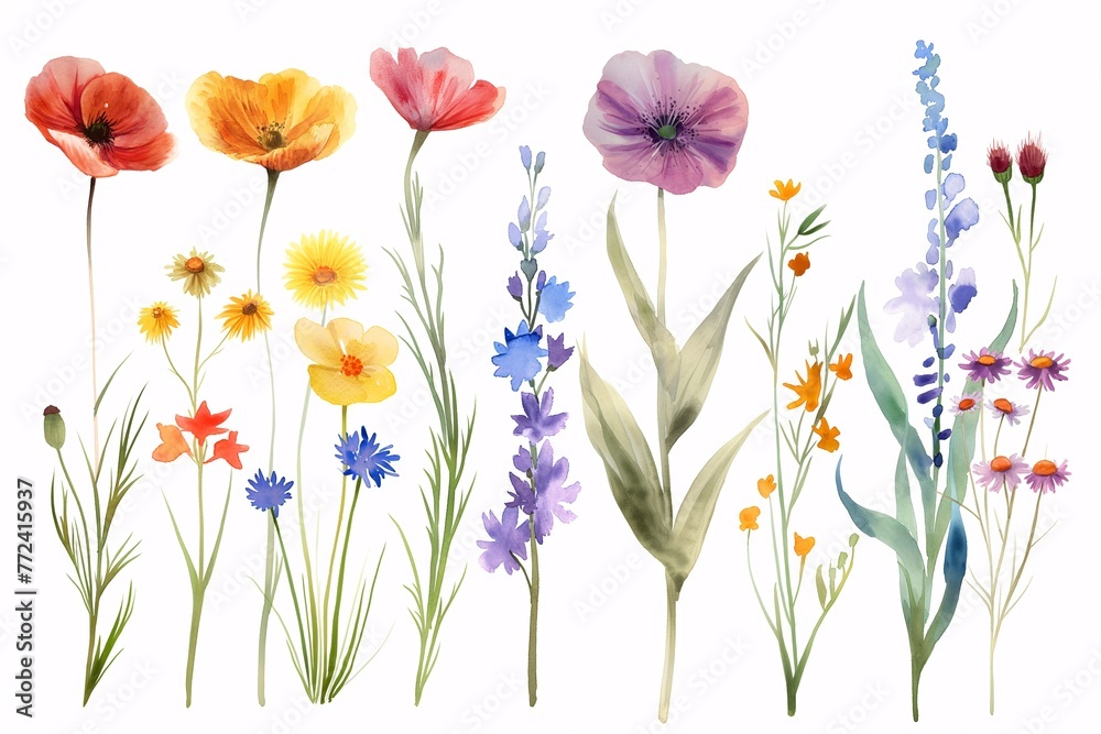 Various watercolor painting of summer flowers Various watercolor painting of summer flowers