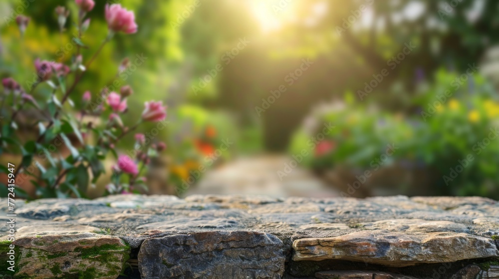 Stone table top with copy space. Garden background. Stone table top with copy space. Garden background.