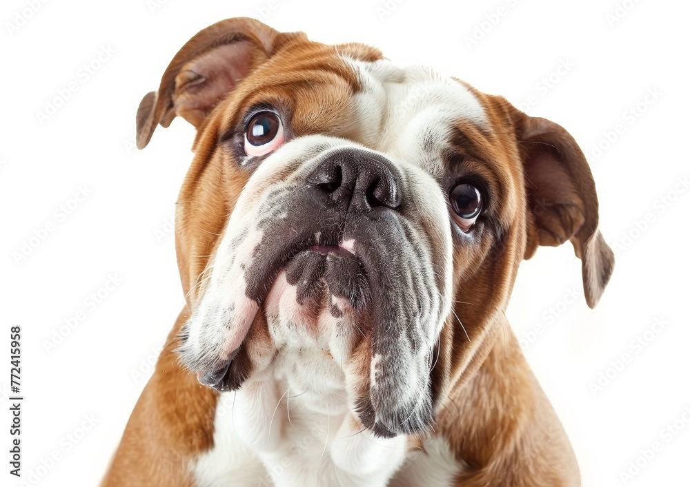 Closeup Portrait of a Bulldog, White Backdrop