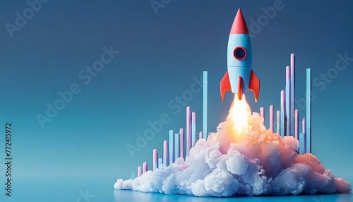 Rocket launch, growth business web banner. reactive rapid growth of economic indicator. Success is Startup. economy and financial growth. fast growth chart growing up