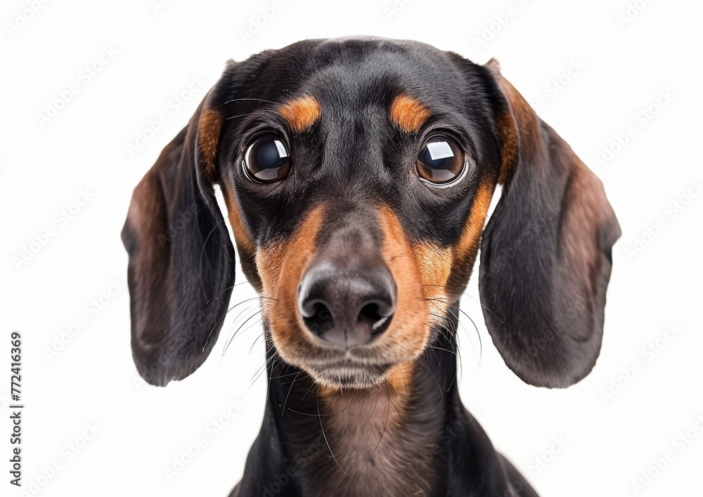 A Closeup Portrait of a Dachshund, Long Ears Up, White Background