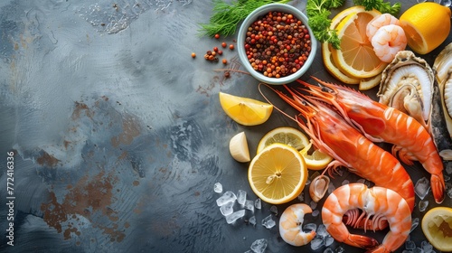 Various seafood displayed on table for delicious recipes  copy space