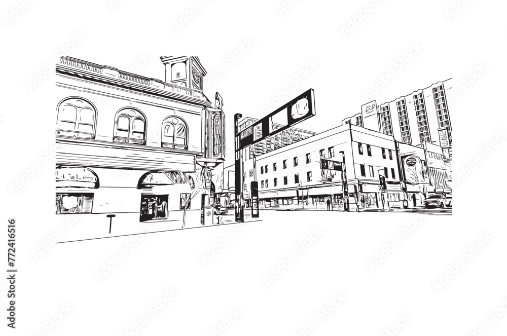 Print Building view with landmark of Reno is a city in U.S. state. Hand drawn sketch illustration in vector.