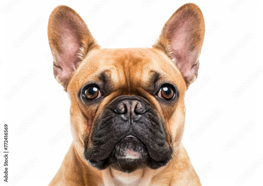 A Closeup Portrait of a French Bulldog, Big Eared Charm, White Background