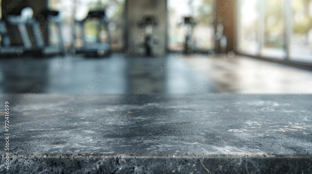 Stone table top with copy space. Gym background
