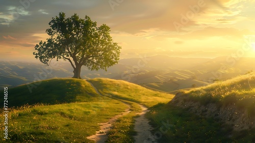 Idyllic rural landscape on a hill with a tree on a meadow at sunrise a path leads into the warm gold light