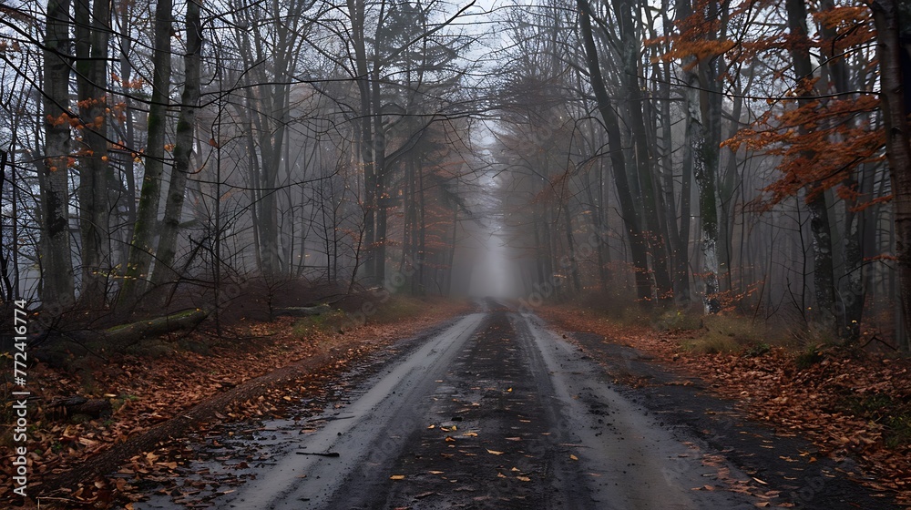 Image of a forest road on a cloudy day Image of a forest road on a cloudy day