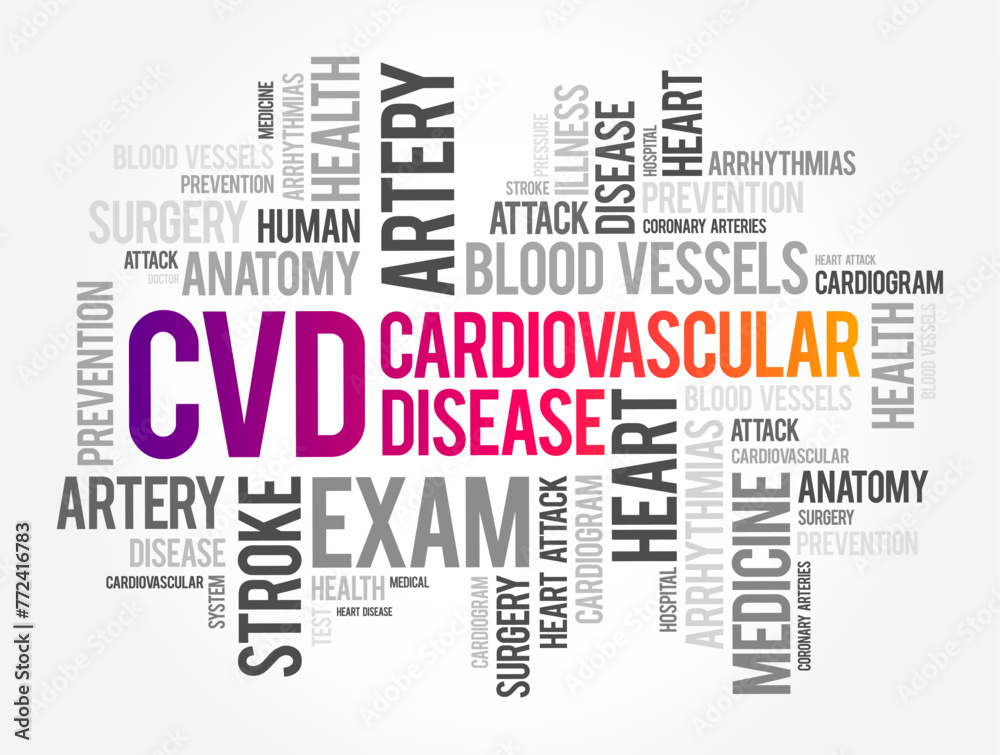 CVD Cardiovascular Disease - group of disorders of the heart and blood vessels, acronym word cloud text concept background CVD Cardiovascular Disease - group of disorders of the heart and blood vessels, acronym word cloud text concept background