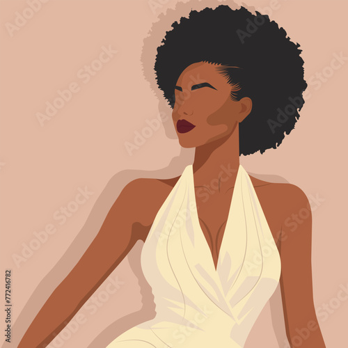 Vector flat fashion illustration, faceless portrait of a modern sexy African woman in an elegant dress with bare shoulders. Stylish art in natural shades.
