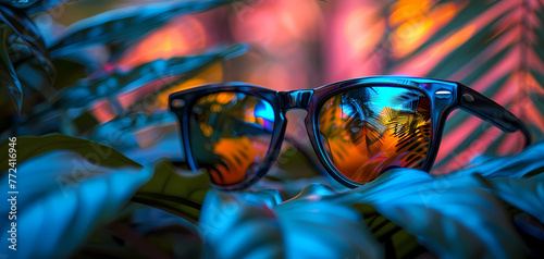Surreal image of sunglasses reflecting vibrant tropical foliage in a dream-like scenario. Summer and holiday concpt, photo