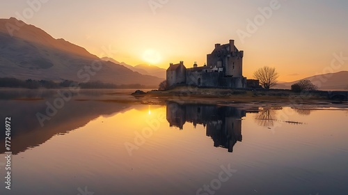 Kilchurn castle reflections in loch awe at sunset photo