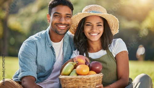 Happy couple, portrait and smile at park picnic or fruit basket for holiday snack for relationship, travel or relax. Man, woman and face in nature together