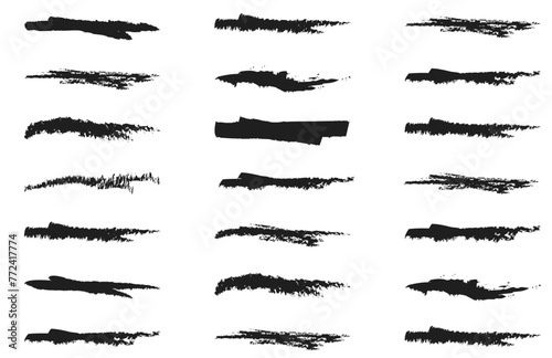 Realistic Rough Black Marker Brush Ink Line Stroke Set Isolated Collection. Grunge Paper Texture 8 3 3
