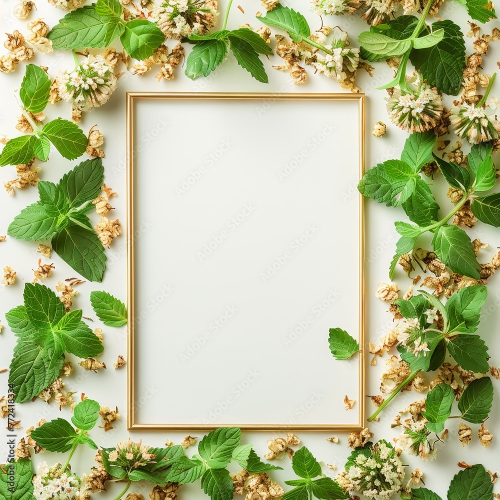 An elegant golden frame surrounded by an array of white flowers and verdant green leaves on a pristine background. An elegant golden frame surrounded by an array of white flowers and verdant green leaves on a pristine background.