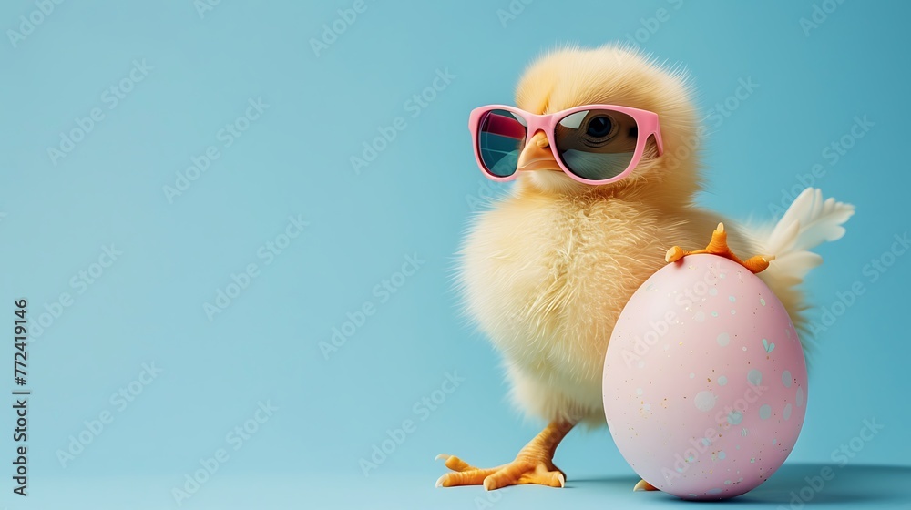 small cool chick in sunglasses with Easter egg on blue background