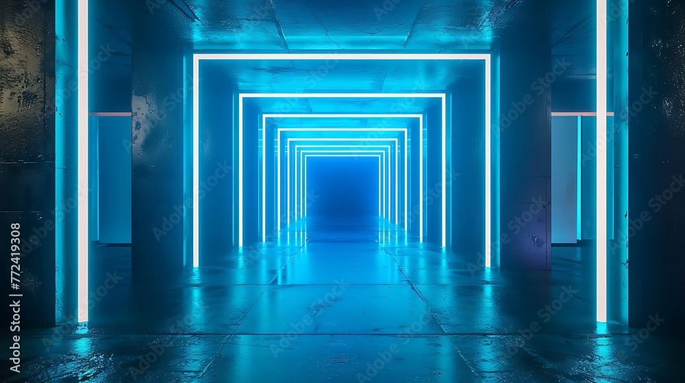 Fototapeta premium Squares neon blue light in black hall room