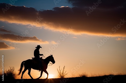 A cowboy on a horse gallops across the prairie against the backdrop of sunset. Illustration by Generative AI. © Sergey Kohl