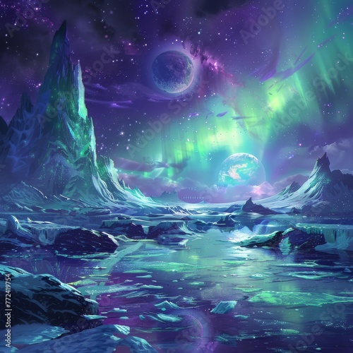 Frozen seascape with aurora  sci-fi elements  neon green and purple theme