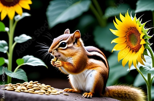 A chipmunk gnaws sunflower seeds against the backdrop of a sunflower. Illustration by Generative AI. photo