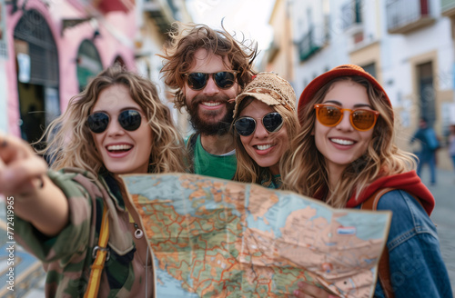 Group of friends using a map to guide themselves around the city while enjoying sightseeing together on vacation. Concept of traveling, vacations, urban and friends