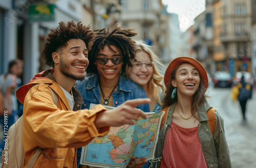 Group of friends using a map to guide themselves around the city while enjoying sightseeing together on vacation. Concept of traveling, vacations, urban and friends