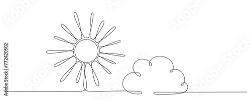 Sun and cloud - hand drawing one single continuous line banner. Vector stock illustration isolated on white background for design template weather forecast, travel blog. Editable stroke. 