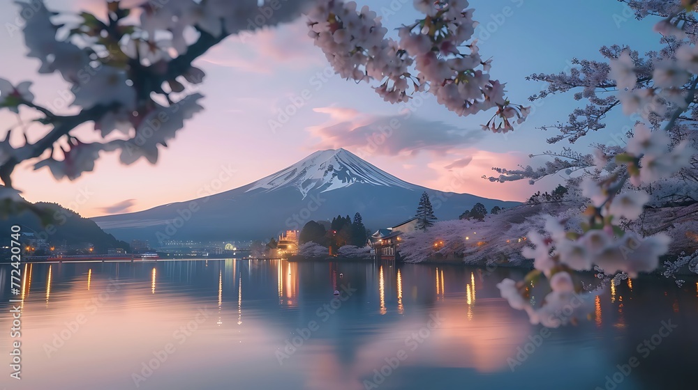 Mount fuji at Lake kawaguchiko with cherry blossom in yamanashi