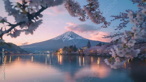 Mount fuji at Lake kawaguchiko with cherry blossom in yamanashi